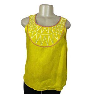 Boden Yellow Linen Sleeveless Top With Pink Trim & Embroidered Size US 6